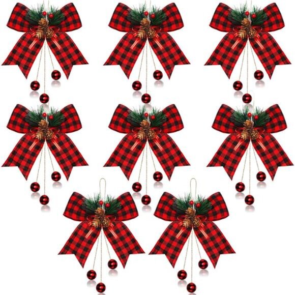 8 Pieces Christmas Bows Buffalo Plaid Bow with Pine Cones Pine Needles Xmas
